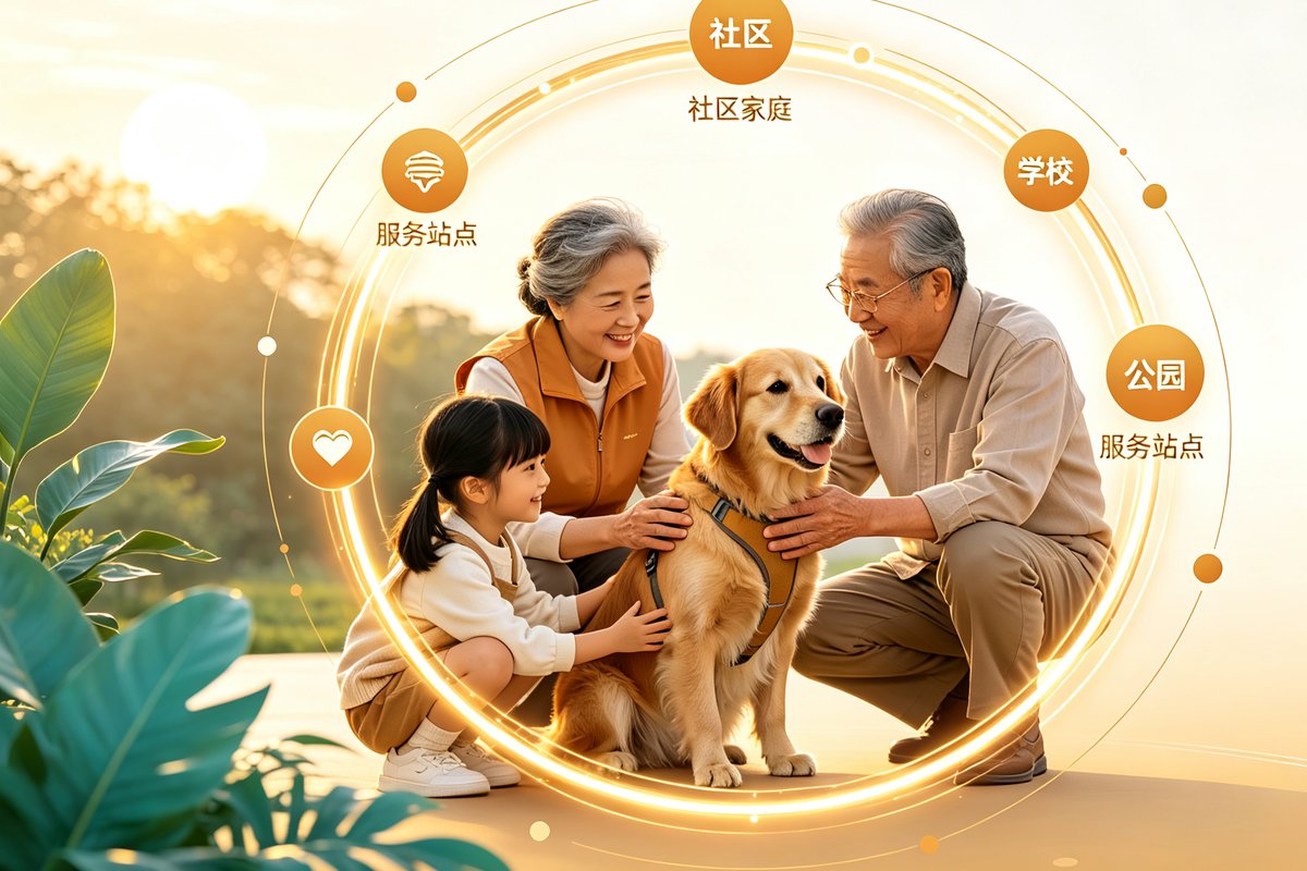 忠萌犬项目主视觉：一家人与金毛犬在社区服务生态环中