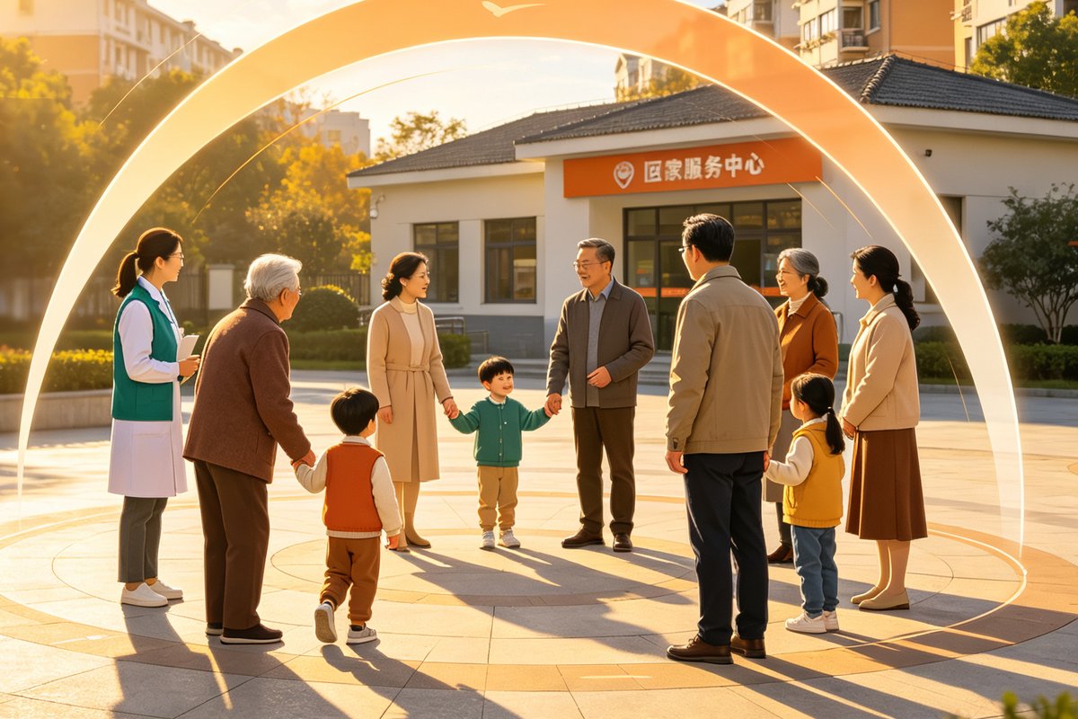 朝阳之家项目主视觉：社区居民代际围圈携手与居家服务中心
