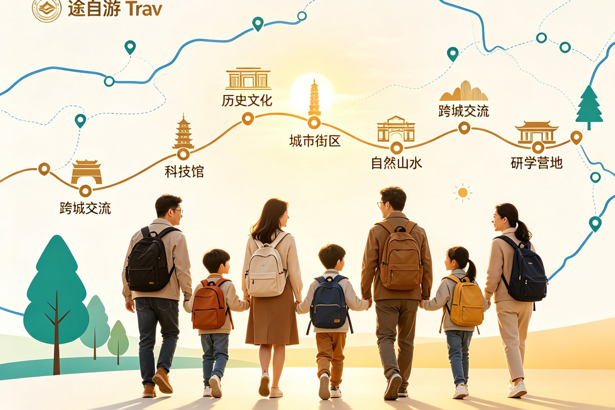 途自游项目主视觉：一家人牵手同行与研学路线地图